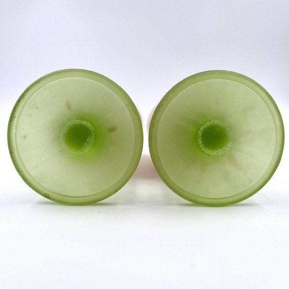 Satin Art Glass Champagne Flutes 2 Painted Frosted Green Textured Stems Cordial - Picture 5 of 6